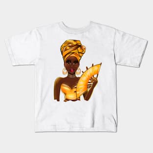 Queen Black is beautiful Anime Manga black girl with Gold headscarf, necklace, earrings, gold dress and head wrap, brown eyes and dark brown skin ! Kids T-Shirt